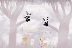 Tapet Personalizat Lumea Animalelor cu ursi panda in copaci in nuante de mov  - PANDA LOVE SONG