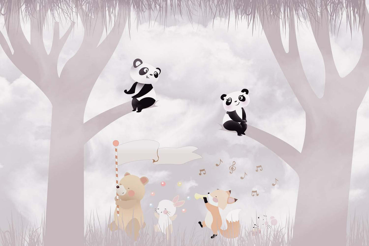 Tapet Personalizat Lumea Animalelor cu ursi panda in copaci in nuante de mov  - PANDA LOVE SONG