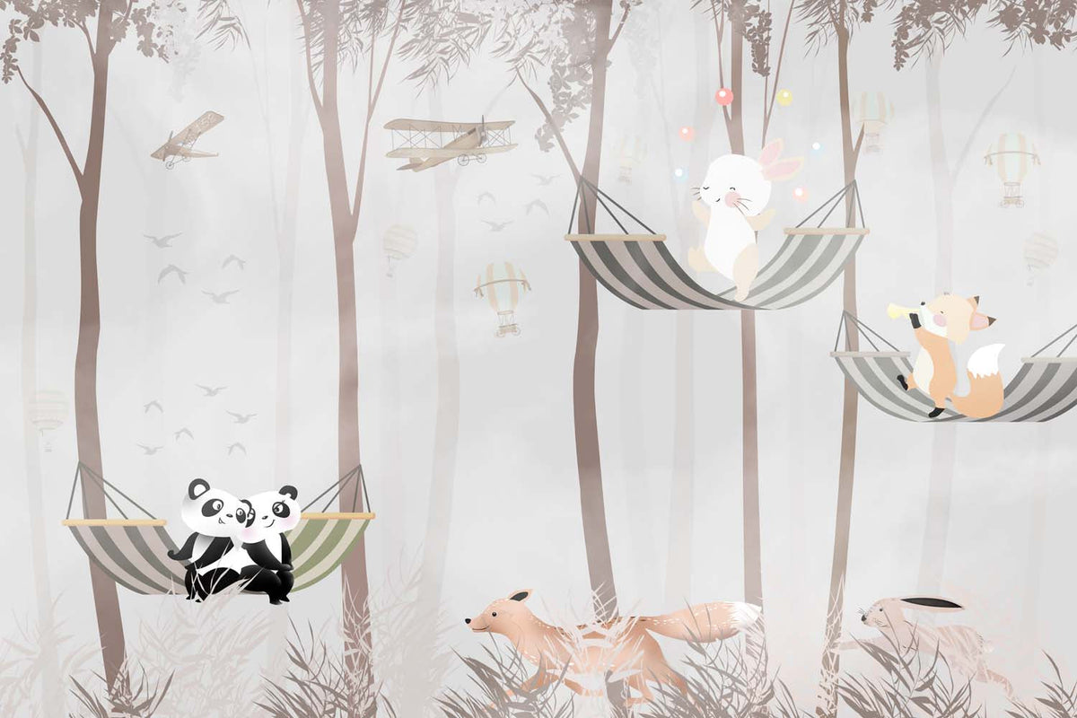 Tapet Personalizat Lumea Animalelor cu padurea cu animale in hamace  - HAMMOCK TRIO