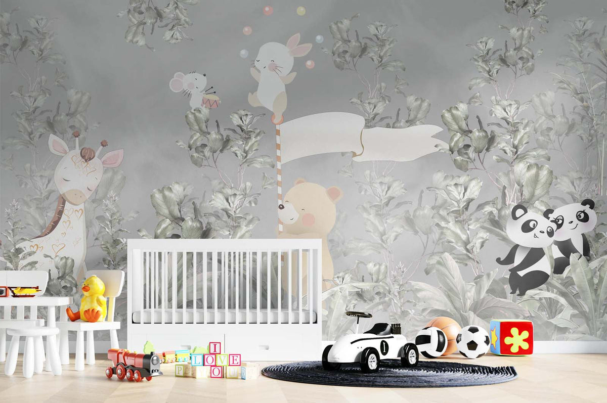 Tapet Personalizat Lumea Animalelor cu animale in vegetatie densa exotica pe un fundal gri  - HERBS AND ANIMALS