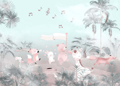 Tapet Personalizat Lumea Animalelor cu animalute prin padurea tropicala in nuante vibrante - HAWAII ANIMALS