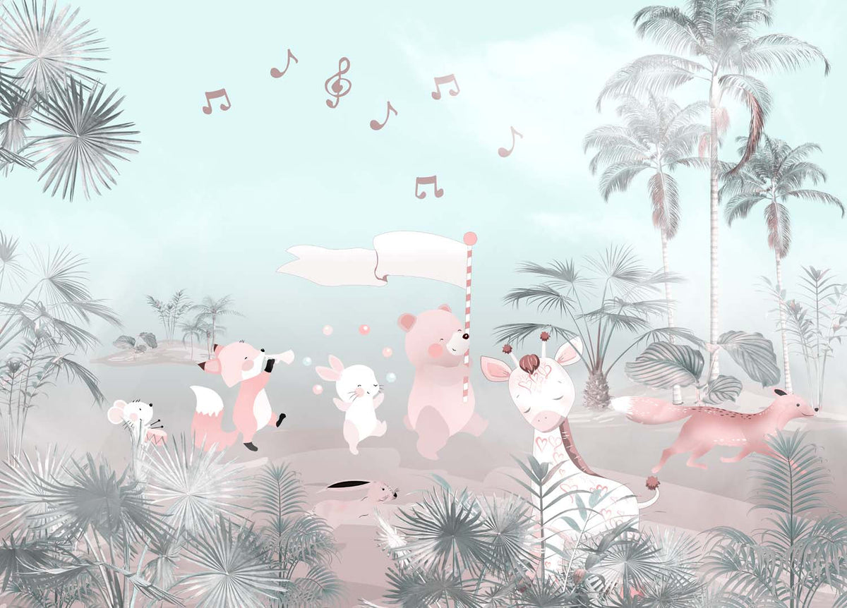 Tapet Personalizat Lumea Animalelor cu animalute prin padurea tropicala in nuante vibrante - HAWAII ANIMALS