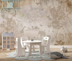Tapet Personalizat Lumea Animalelor cu siluete de padure si animale in nuante de bej - BEIGE SILHOUETTE FOREST