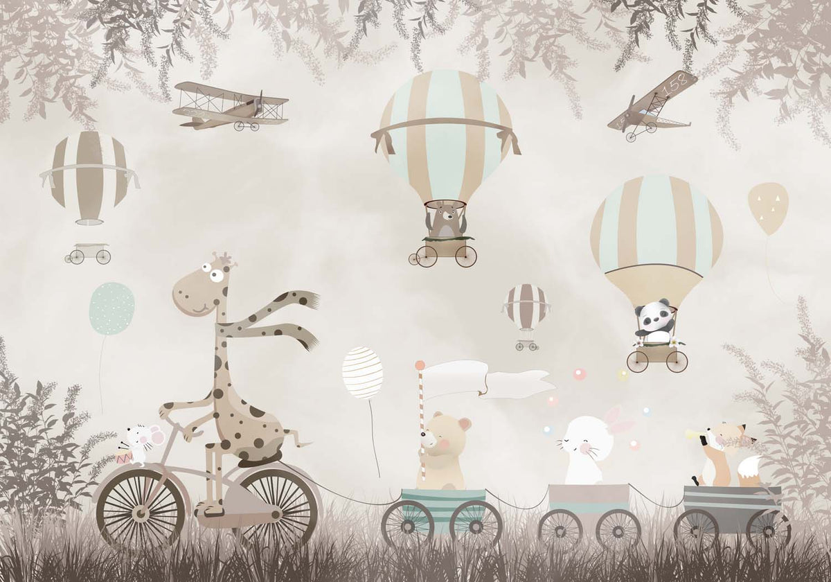 Tapet Personalizat Lumea Animalelor cu trenulet de animalute su baloane cu aer cald prin padurea bej maro  - BEIGE ROADTRIP