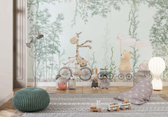Tapet Personalizat Lumea Animalelor cu animalute in trenulet prin padurea de bambusi  - BAMBOO FOREST ANIMALS