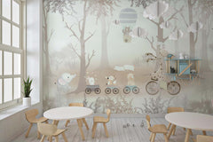 Tapet Personalizat Lumea Animalelor cu animalute in trenulet prin padurea cu copaci bej - FAREWELL BEIGE