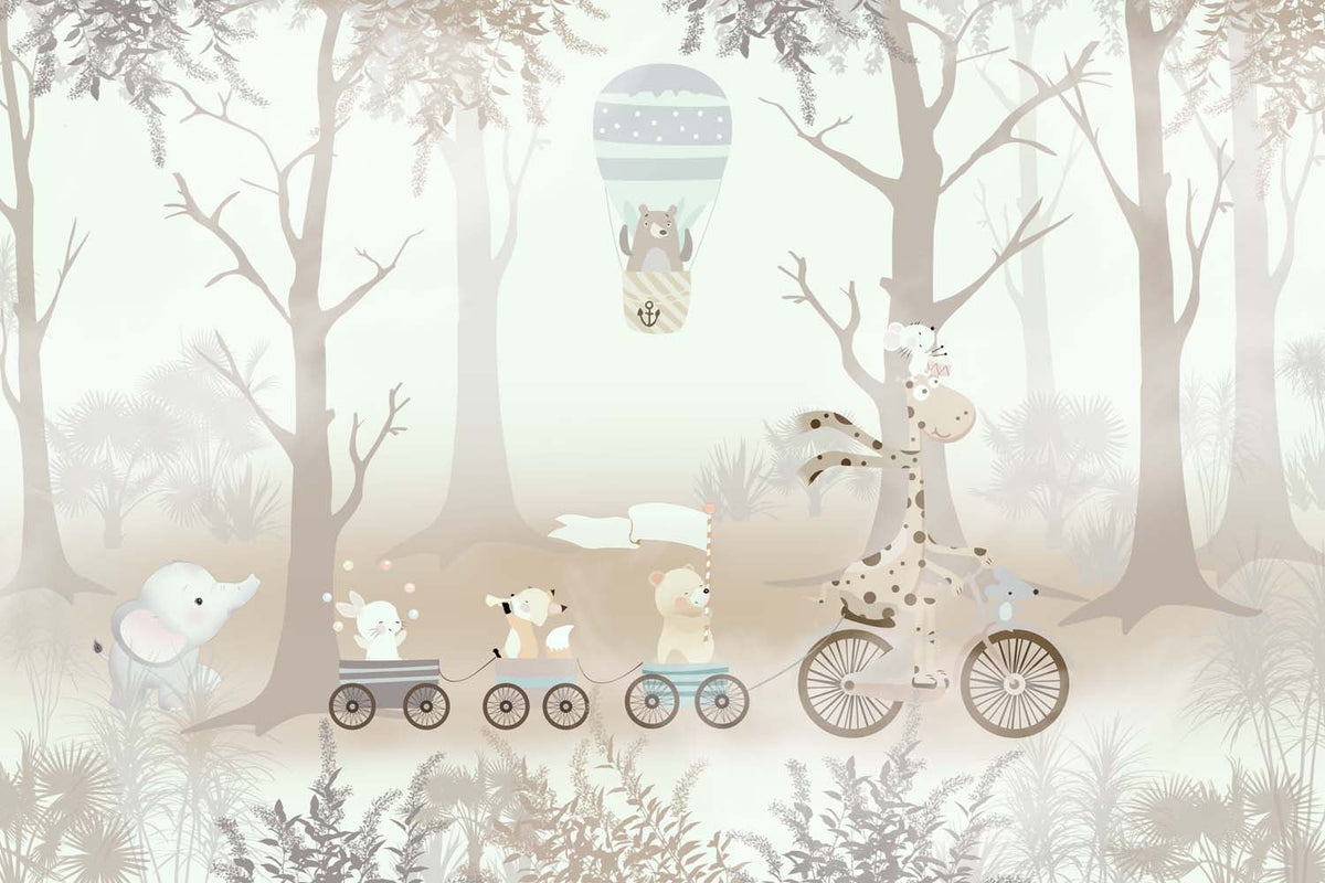 Tapet Personalizat Lumea Animalelor cu animalute in trenulet prin padurea cu copaci bej - FAREWELL BEIGE