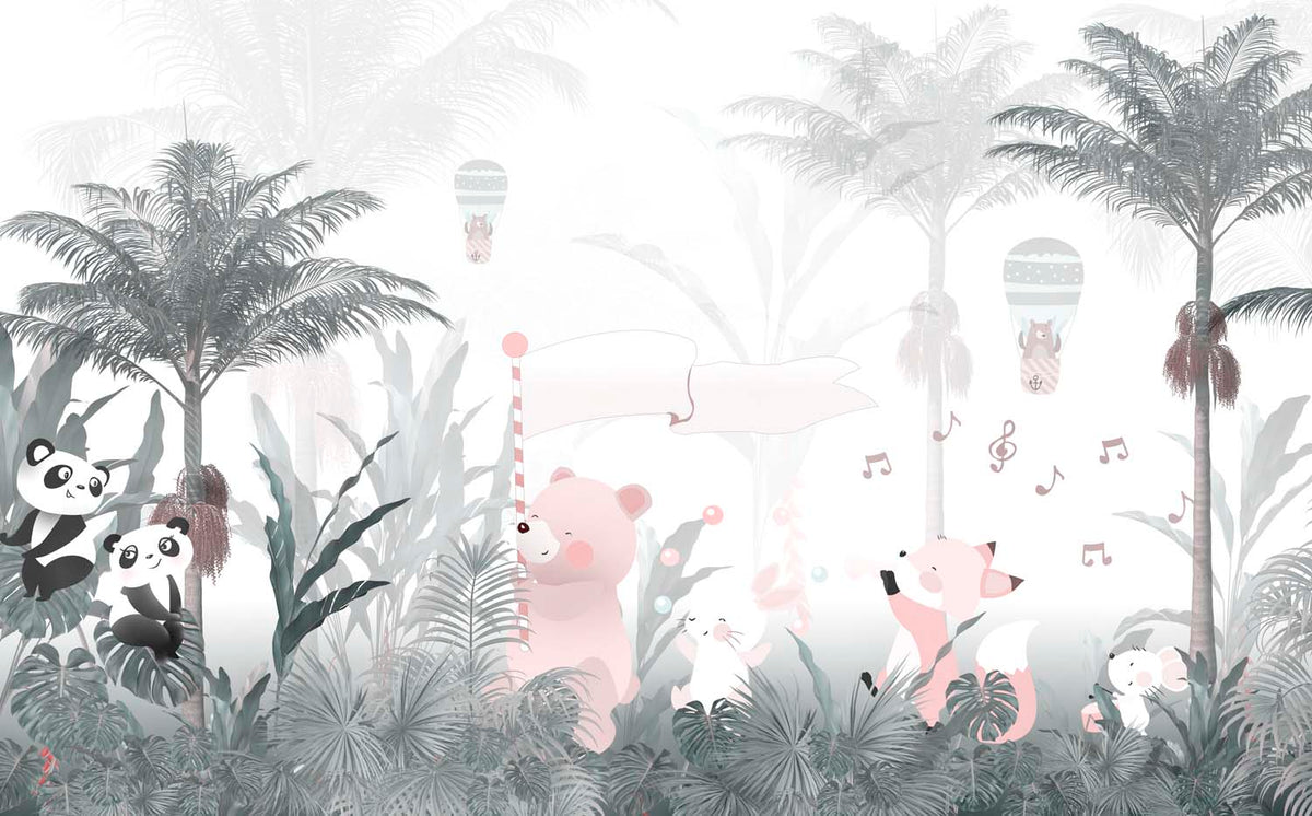Tapet Personalizat Lumea Animalelor cu animale cantand prin padurea tropicala cu palmieri si cocotieri  - FOGGY PALM TREES