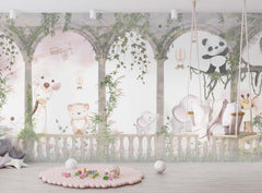 Tapet Personalizat Lumea Animalelor cu animale din jungla si ruine cu arcade si vegetatie - JUNGLE COLUMNS