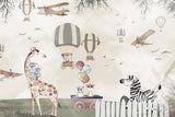 Tapet Personalizat Lumea Animalelor cu animale in familie langa gardul alb si baloane si avioane pe cer  - ANIMAL'S FAMILY TIME