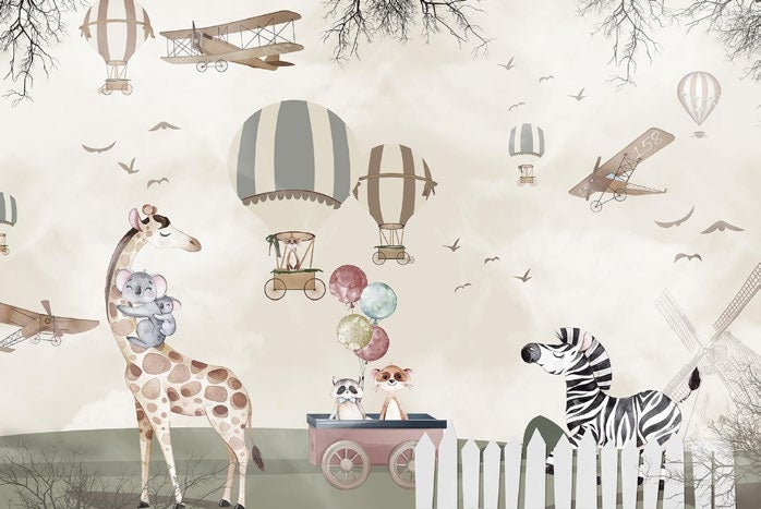 Tapet Personalizat Lumea Animalelor cu animale in familie langa gardul alb si baloane si avioane pe cer  - ANIMAL'S FAMILY TIME