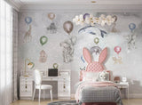 Tapet Personalizat Lumea Animalelor cu animale agatate in zbor de baloane colorate  - BALLOON FLYING ANIMALS