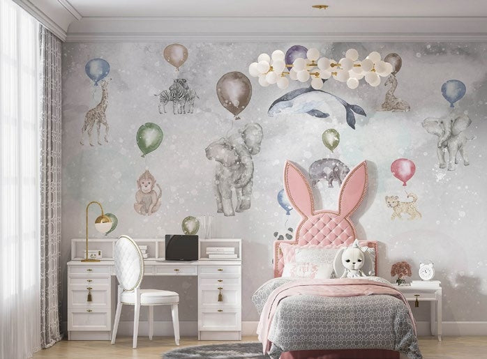 Tapet Personalizat Lumea Animalelor cu animale agatate in zbor de baloane colorate  - BALLOON FLYING ANIMALS