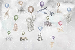Tapet Personalizat Lumea Animalelor cu animale agatate in zbor de baloane colorate  - BALLOON FLYING ANIMALS