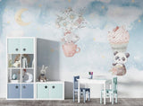 Tapet Personalizat Lumea Animalelor cu leu, elefant si panda zburand in ceasca cu flori si briosa cu inimioare  - CUPCAKE ANIMALS