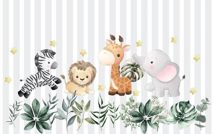 Tapet Personalizat Lumea Animalelor cu animalute si frunze pe un fundal in dungi gri  - STRIPE BABY ANIMALS
