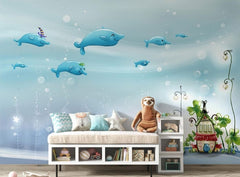 Tapet Personalizat Lumea Animalelor cu balene inotand deasupra casei acvatice  - UNDERWATER HOUSE