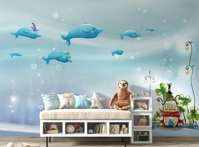 Tapet Personalizat Lumea Animalelor cu balene inotand deasupra casei acvatice  - UNDERWATER HOUSE
