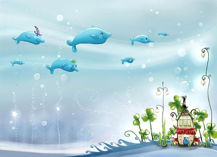 Tapet Personalizat Lumea Animalelor cu balene inotand deasupra casei acvatice  - UNDERWATER HOUSE