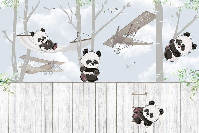 Tapet Personalizat Lumea Animalelor cu ursi panda urcand pe gardul alb si in copaci - OVER THE FENCE