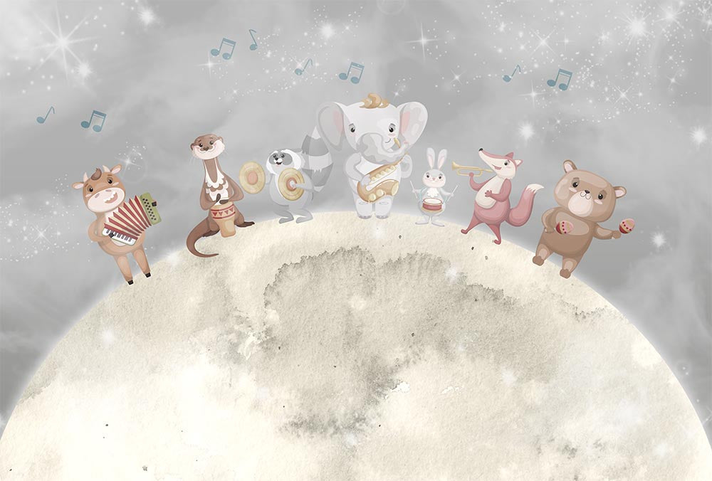 Tapet Personalizat Lumea Animalelor cu trupa muzicala de animale pe luna in stil watercolor - THE MOON BAND