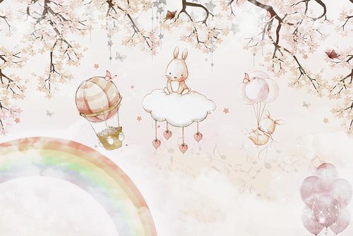Tapet Personalizat Lumea Animalelor cu animalute mici, curcubeu si copaci infloriti  - BABY RAINBOW