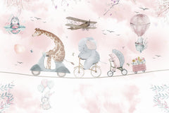 Tapet Personalizat Lumea Animalelor cu animale pe bicicleta mergand pe franghie cu cosulet de flori  - PINK FLOWER DELIVERY