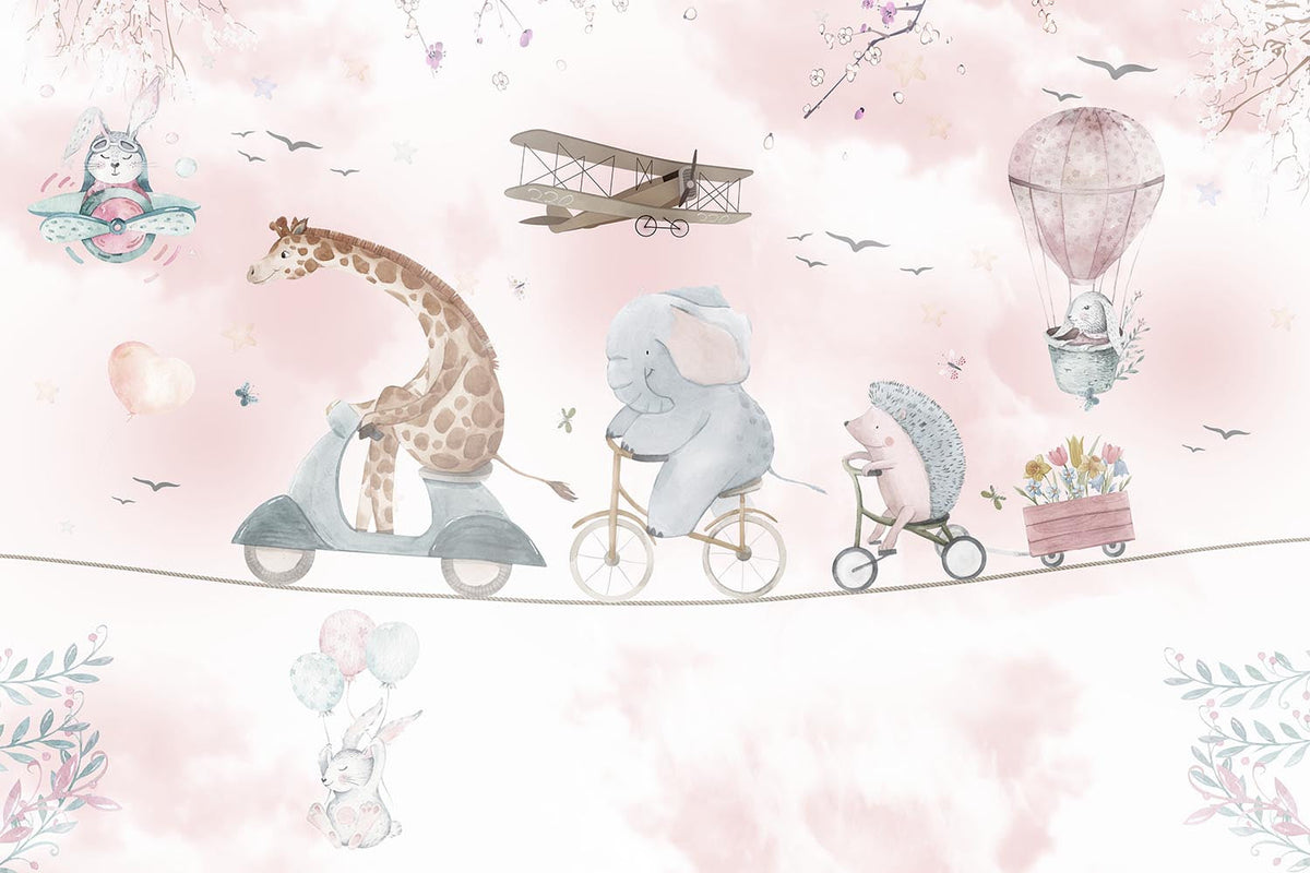 Tapet Personalizat Lumea Animalelor cu animale pe bicicleta mergand pe franghie cu cosulet de flori  - PINK FLOWER DELIVERY