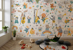 Tapet Personalizat Lumea Animalelor cu animale cantand la instrumente muzicale in ilustratie pattern  - ANIMAL'S BAND PATTERN
