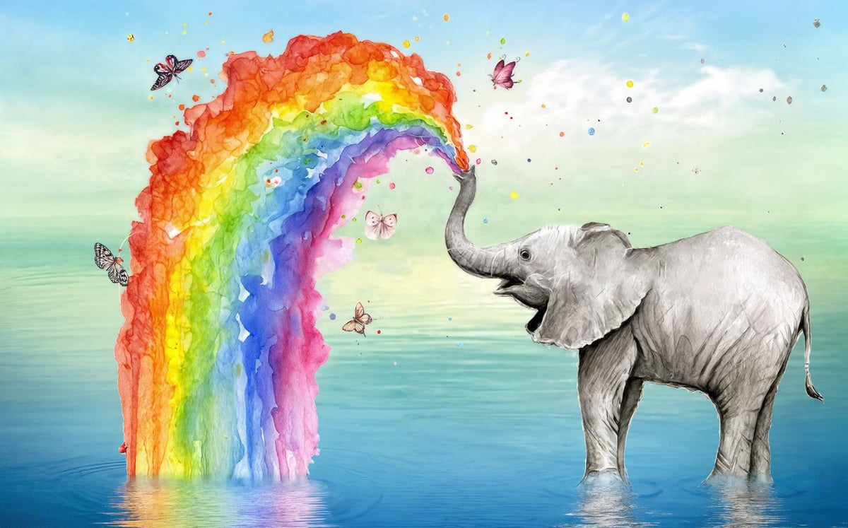 Tapet Personalizat Lumea Animalelor cu elefant si curcubeu curgator cu fluturi  - RAINBOW ELEPHANT