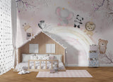 Tapet Personalizat Lumea Animalelor cu pui de animalute oe curcubeul roz pastel - PINK PASTEL RAINBOW