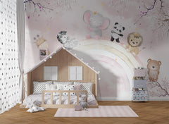 Tapet Personalizat Lumea Animalelor cu pui de animalute oe curcubeul roz pastel - PINK PASTEL RAINBOW