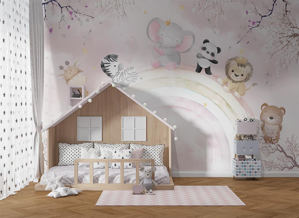 Tapet Personalizat Lumea Animalelor cu pui de animalute oe curcubeul roz pastel - PINK PASTEL RAINBOW