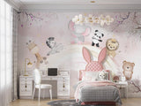 Tapet Personalizat Lumea Animalelor cu pui de animalute oe curcubeul roz pastel - PINK PASTEL RAINBOW