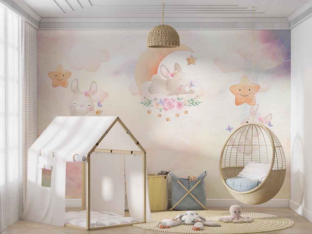 Tapet Personalizat Lumea Animalelor cu iepurasi dormind pe cerul multicolor - DREAMY BUNNIES