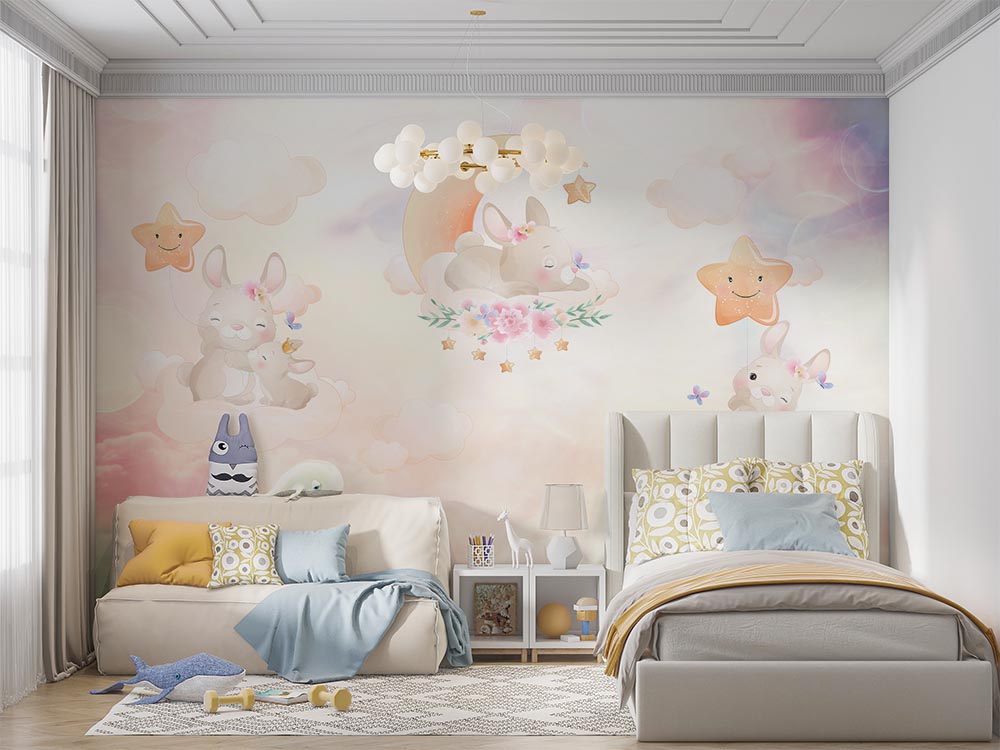 Tapet Personalizat Lumea Animalelor cu iepurasi dormind pe cerul multicolor - DREAMY BUNNIES