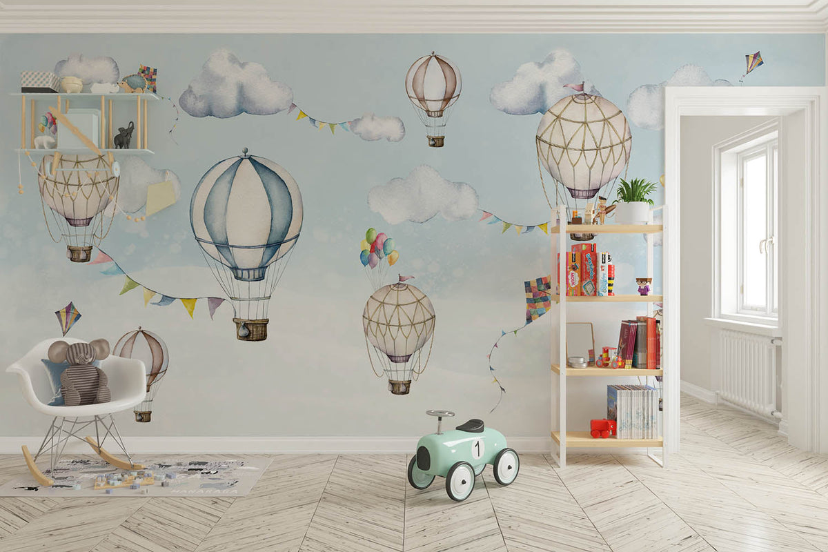 Tapet Personalizat Lumea Animalelor cu baloane si steaguri in nuante de albastru - COLOR FLAGS BALLOONS