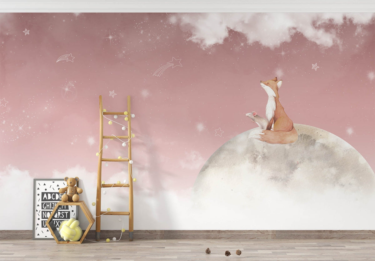 Tapet Personalizat Lumea Animalelor cu vulpea pe luna pe cerul roz instelat - MOON FOX GAZE