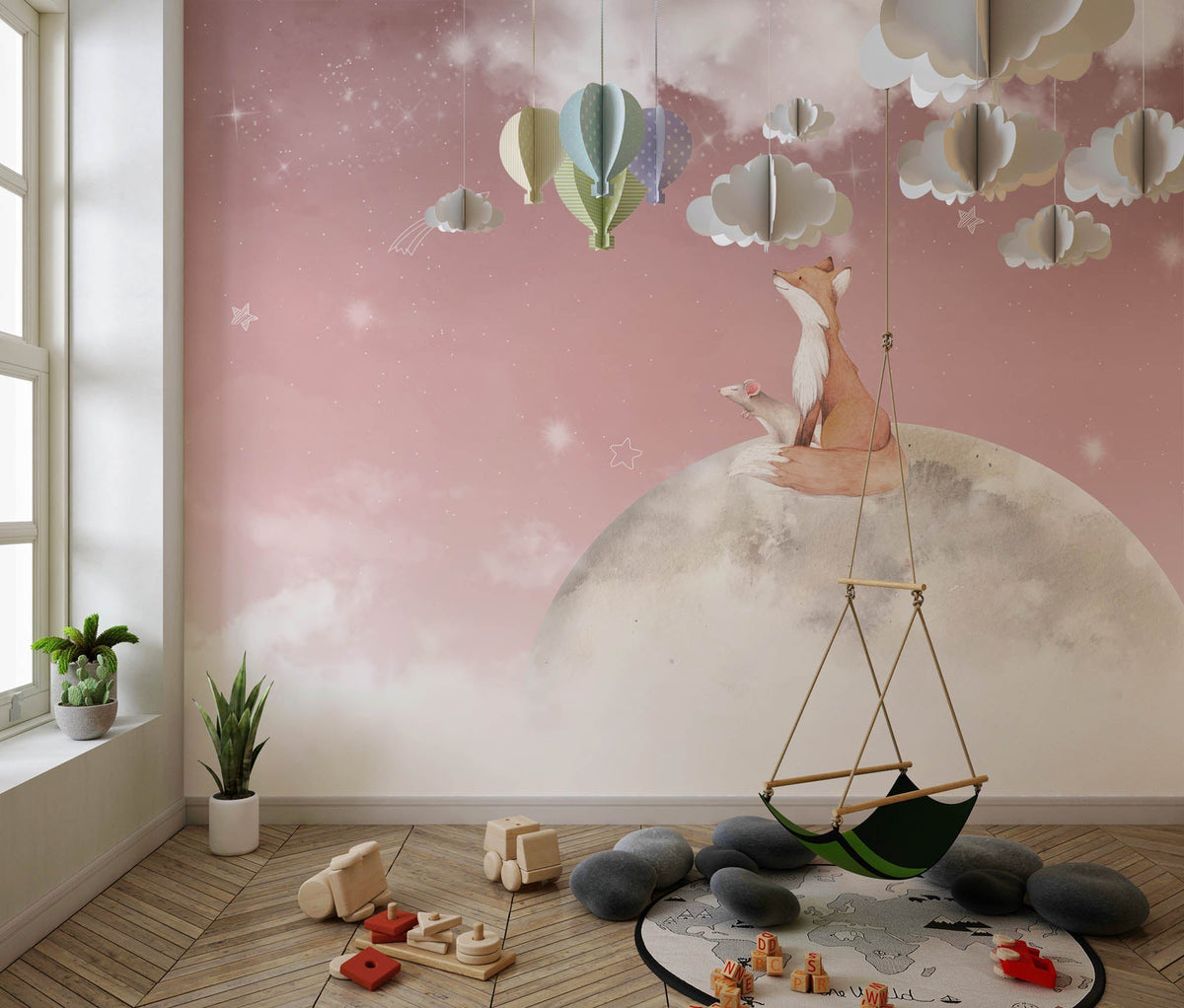 Tapet Personalizat Lumea Animalelor cu vulpea pe luna pe cerul roz instelat - MOON FOX GAZE