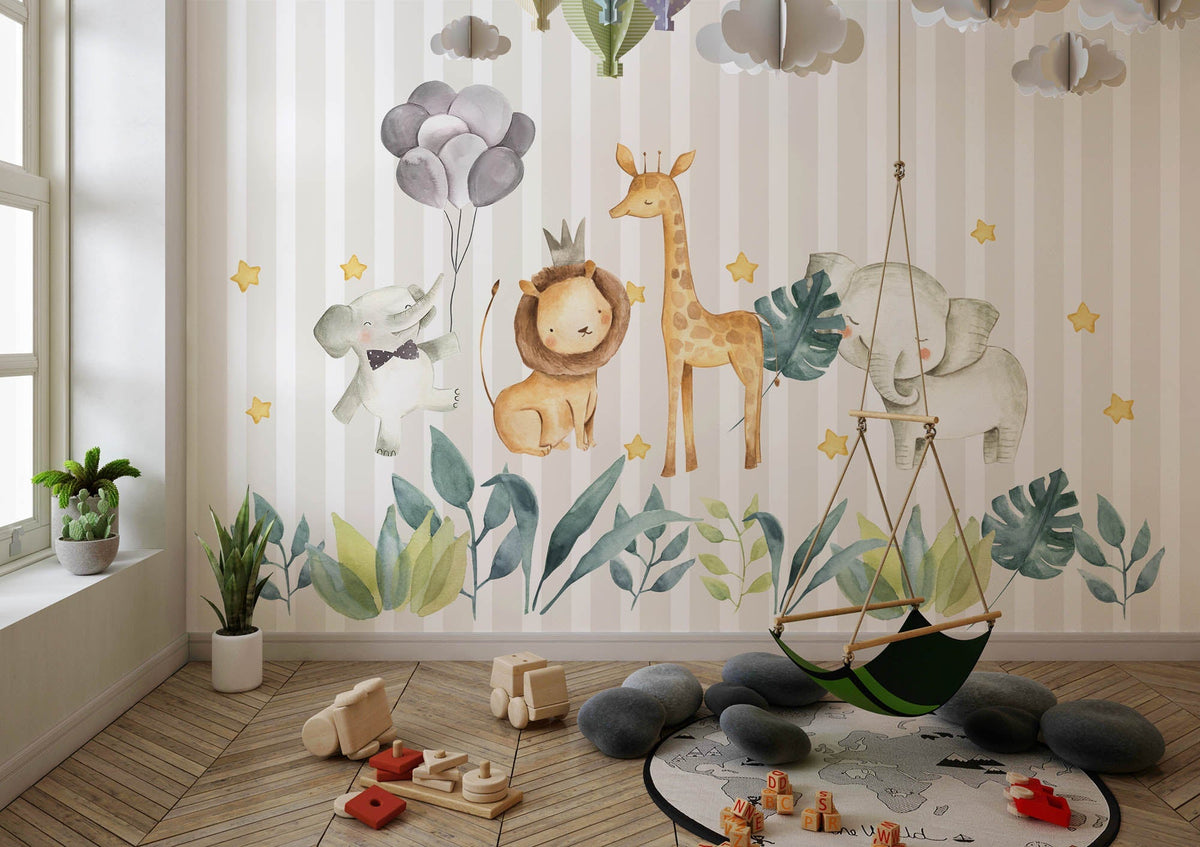 Tapet Personalizat Lumea Animalelor cu animalute, funze si baloane pe un fundal in dungi bej - STRIPED HAPPY ANIMALS