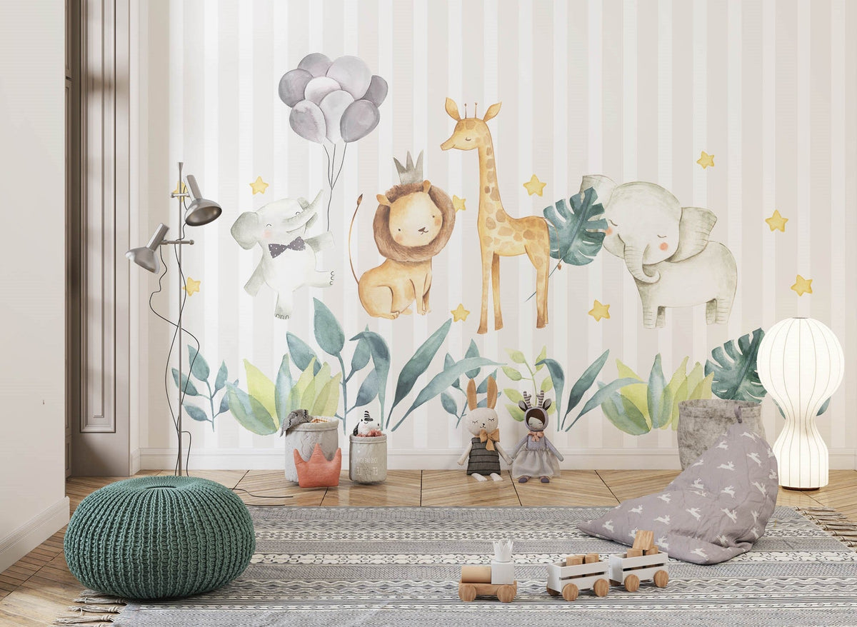 Tapet Personalizat Lumea Animalelor cu animalute, funze si baloane pe un fundal in dungi bej - STRIPED HAPPY ANIMALS