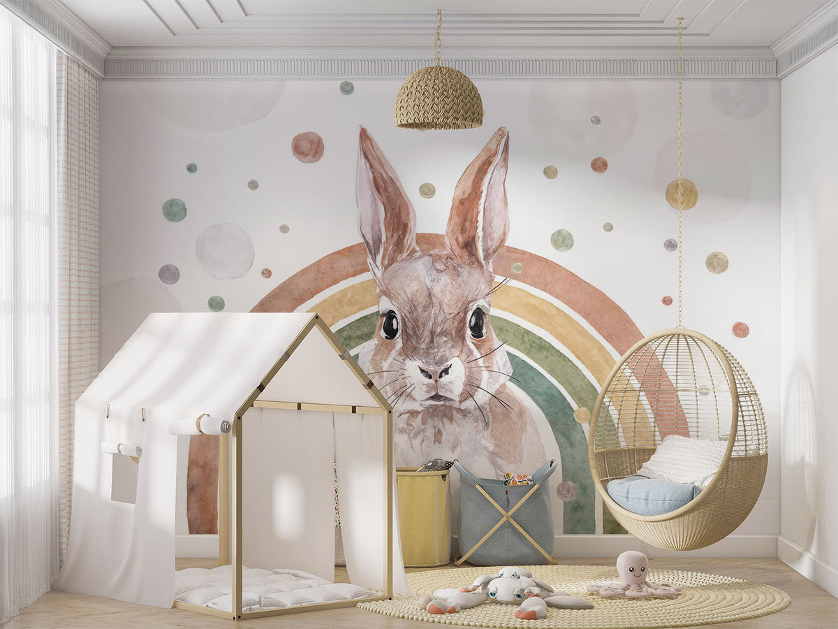 Tapet Personalizat Lumea Animalelor cu iepure in curcubeu in nuante pamantii pastel in stil watercolor - RAINBOW BUNNY