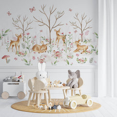 Tapet Personalizat Lumea Animalelor cu padure de caprioare si fluturi  - BABY DEERS FOREST