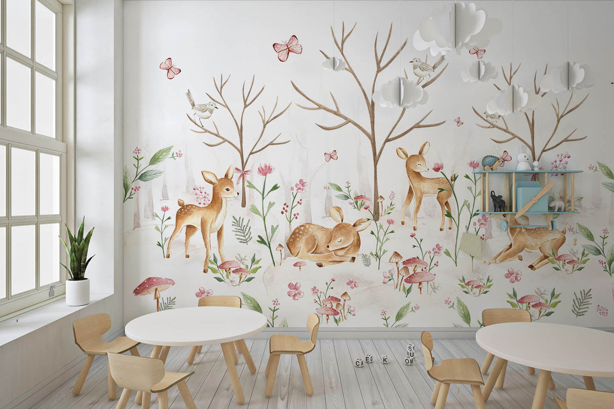 Tapet Personalizat Lumea Animalelor cu padure de caprioare si fluturi  - BABY DEERS FOREST