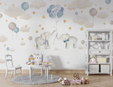 Tapet Personalizat Lumea Animalelor cu elefanti cu baloane albastre pe cerul instelat cu nori - BABY BLUE ELEPHANTS