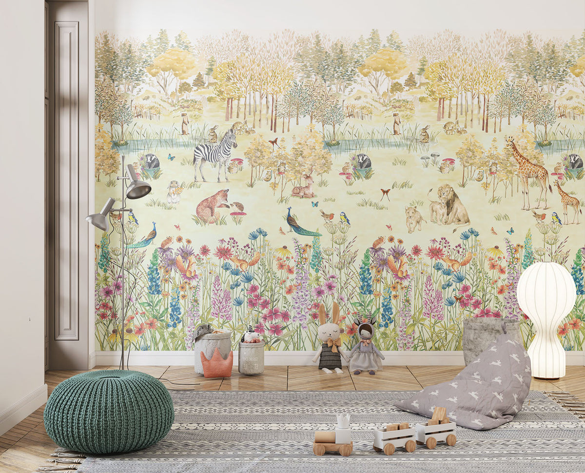 Tapet Personalizat Lumea Animalelor cu padure inflorita plina si animalute  - CROWDED COLORFUL FOREST