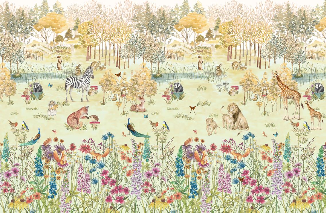 Tapet Personalizat Lumea Animalelor cu padure inflorita plina si animalute  - CROWDED COLORFUL FOREST