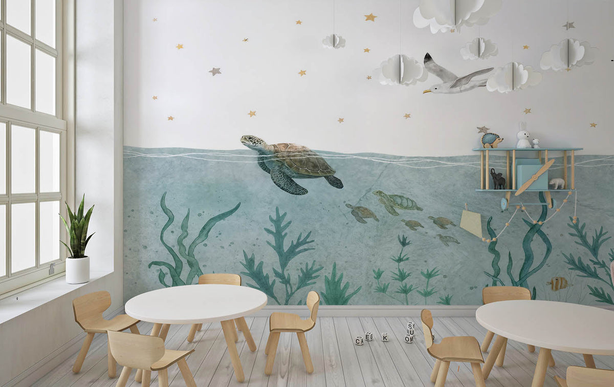Tapet Personalizat Lumea Animalelor cu testoase, pelican si plante marine  - TORTOISE SWIM
