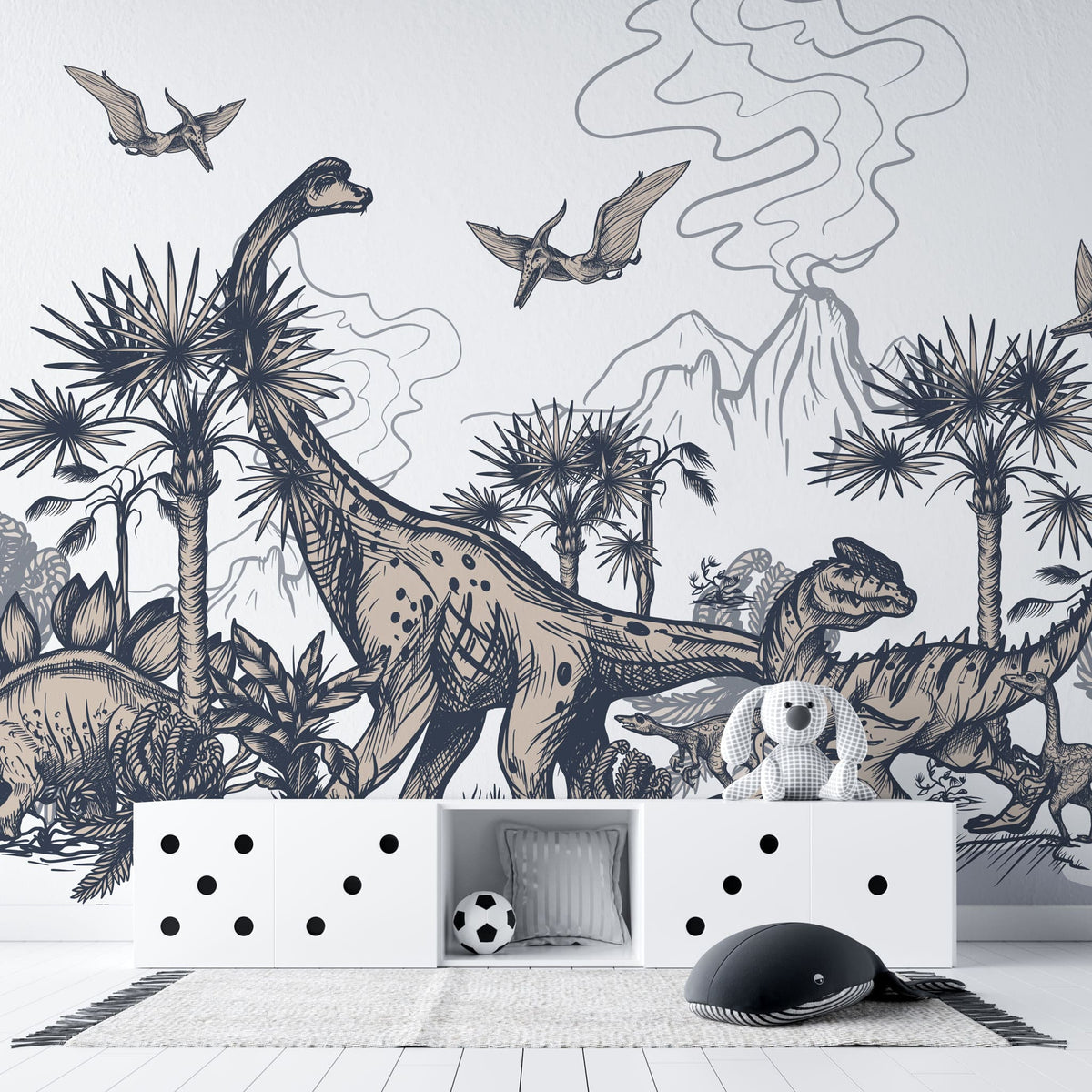 Tapet personalizat epoca dinozaurilor pentru copii cu palmieri vulcani si dinozauri pe un fundal alb dino sketch