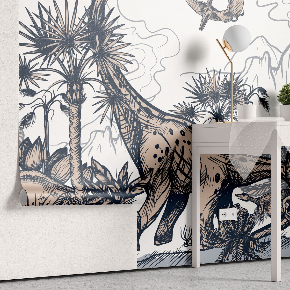 Tapet personalizat epoca dinozaurilor pentru copii cu palmieri vulcani si dinozauri pe un fundal alb dino sketch